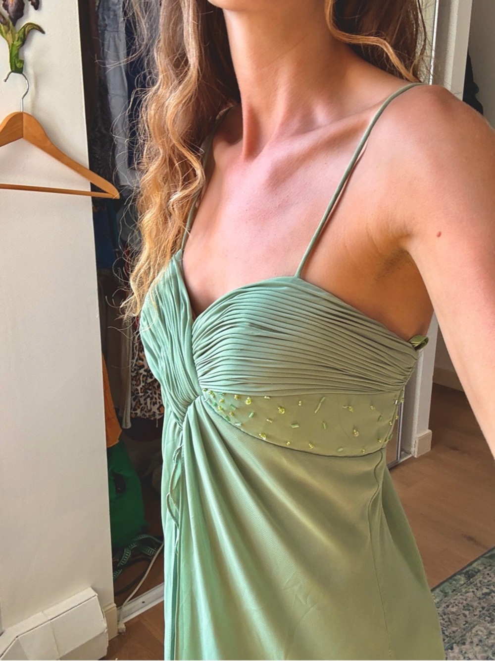 Elegant Sage Green Slip Dress with Draped Bodice - Picture 2 of 7